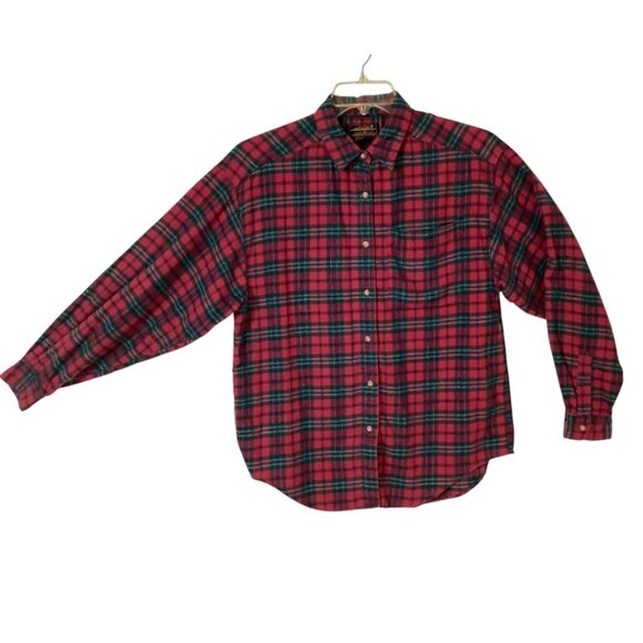 Vintage Eddie Bauer Red & Green Plaid Flannel Button-Up Shirt Womens Size Medium - Picture 1 of 6